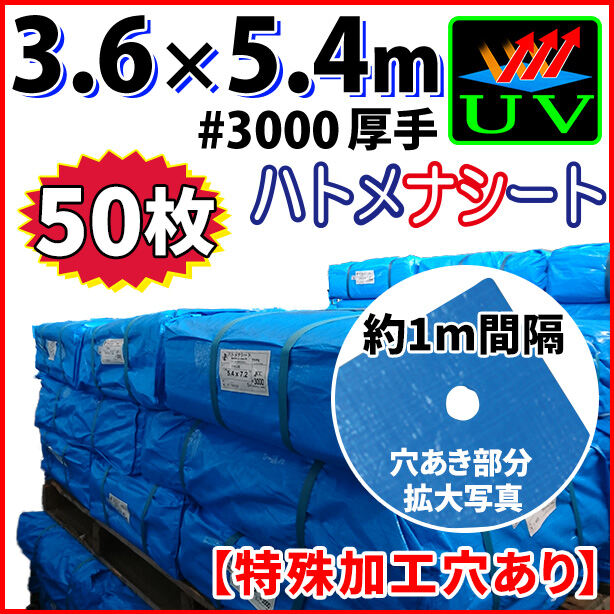 UVカットブルーシート(ハトメ金属なし)サイズ3.6×5.4m(50枚入)