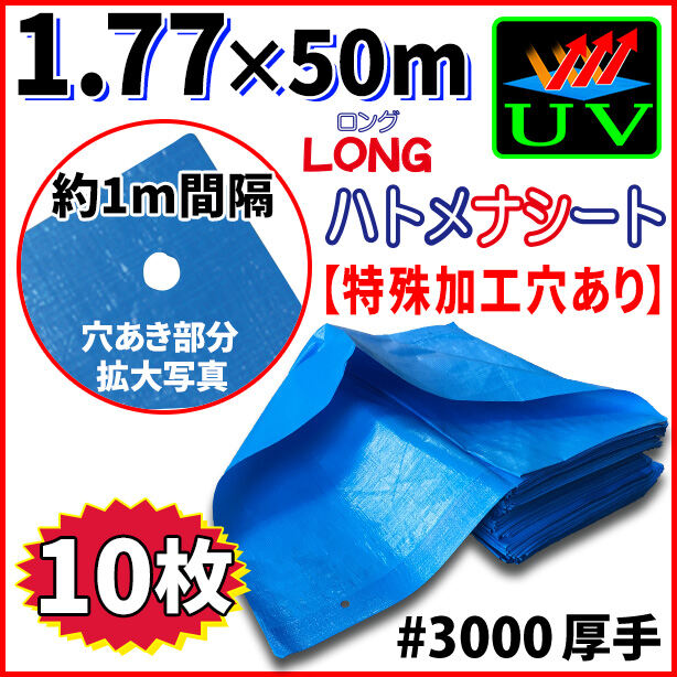 UVカットブルーシート(ハトメ金属なし)サイズ1.77×50m(10枚入)